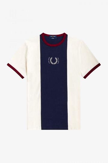 White Fred Perry Central Stripe Men's T Shirts | PH 1636KORI